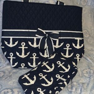 Anchor Pattern Quilted Tote Bag - Blue and White